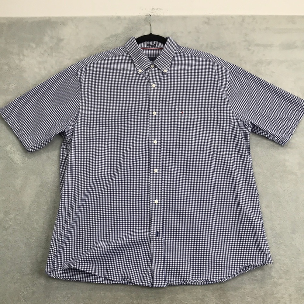 Tommy Hilfiger Men's Blue & White Checkered Short Sleeve Button Down Size 16 1/2